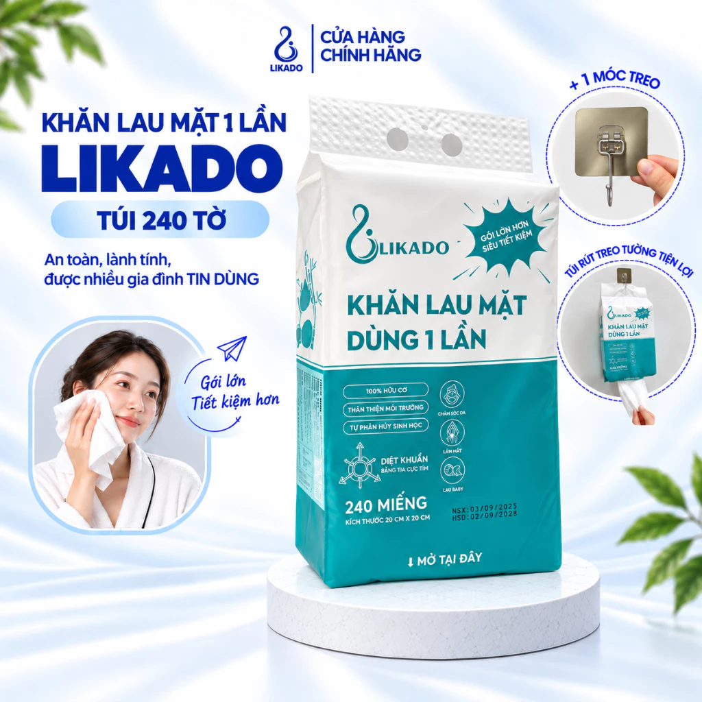 Khăn lau mặt dùng 1 lần spa dạng rút túi lớn 240 TỜ LIKADO kích thước (20x20cm)(1 túi)