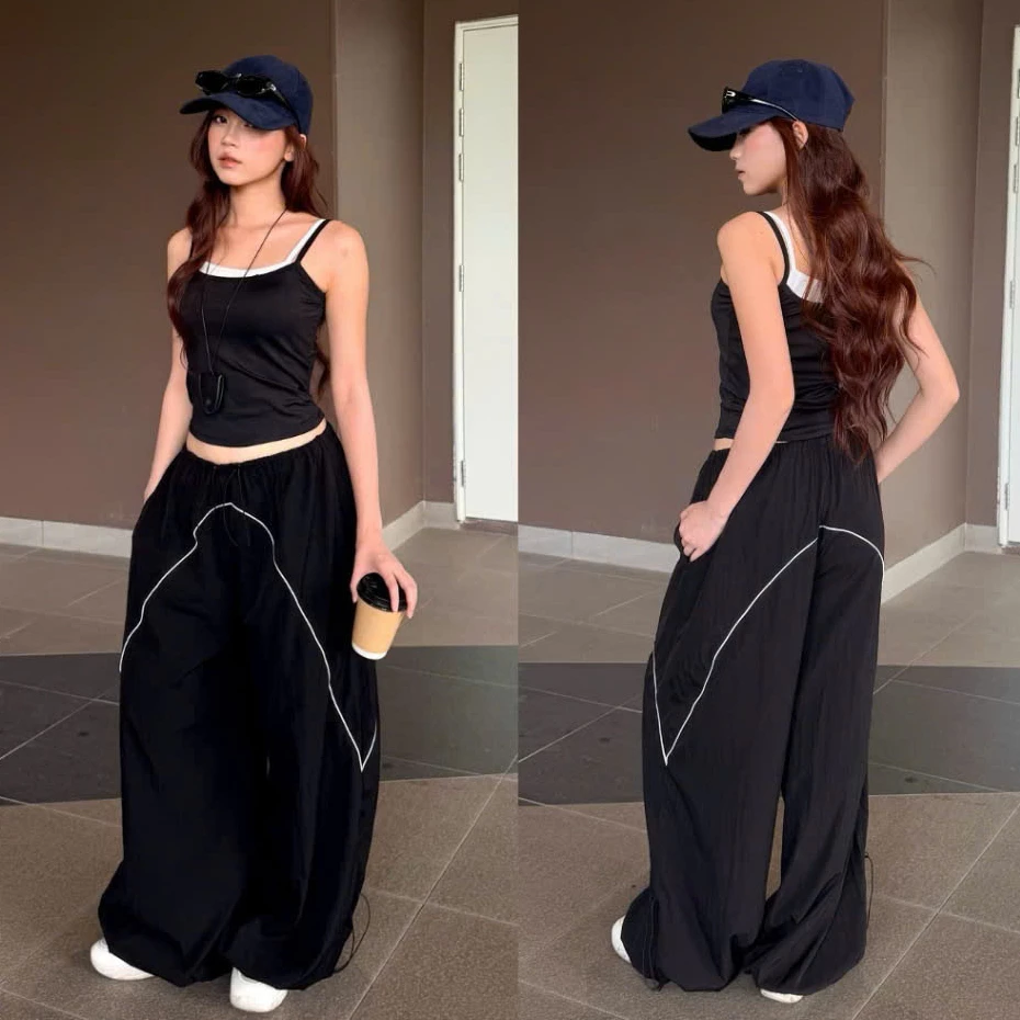 Quần Parachute Cạp Chun Rút Dây Phối Viền Trắng Ống Rộng Phong Cách Y2K Cá Tính Unisex Joolate Q1004