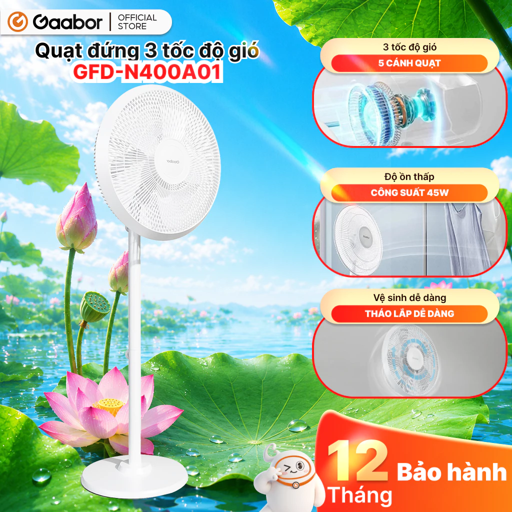 Quạt đứng GFD-N400A01 xoay tự động tuần hoàn có 3 chế độ gió tùy chỉnh decor màu trắng bảo hành 12 tháng