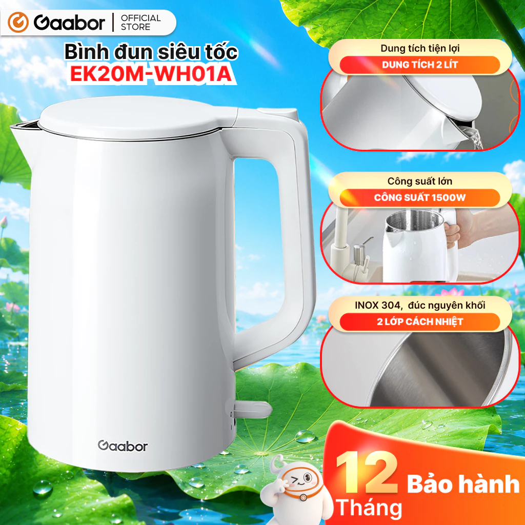 Gaabor Ấm siêu tốc 2L EK20M-WH01A bình đun công suất 1500W cao cấp ấm đun inbox 304 cách nhiệt [L]
