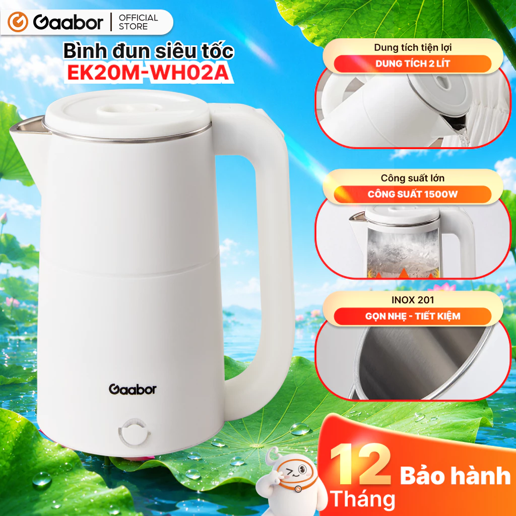 [Shopee Độc Quyền] Ấm siêu tốc Gaabor EK20M-WH02A bình đun dung tích lớn 2L đun sôi nhanh