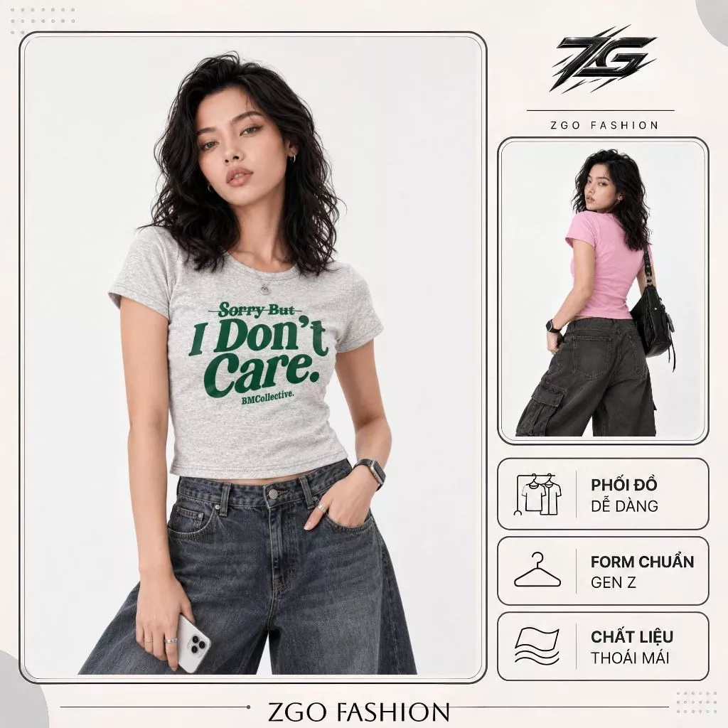 Áo Thun Nữ Form Ôm Baby Tee In Chữ Sorry But Don't Care Cotton Mềm Co Giãn Phong Cách Hàn Quốc Ulzzang Y2K AZG48