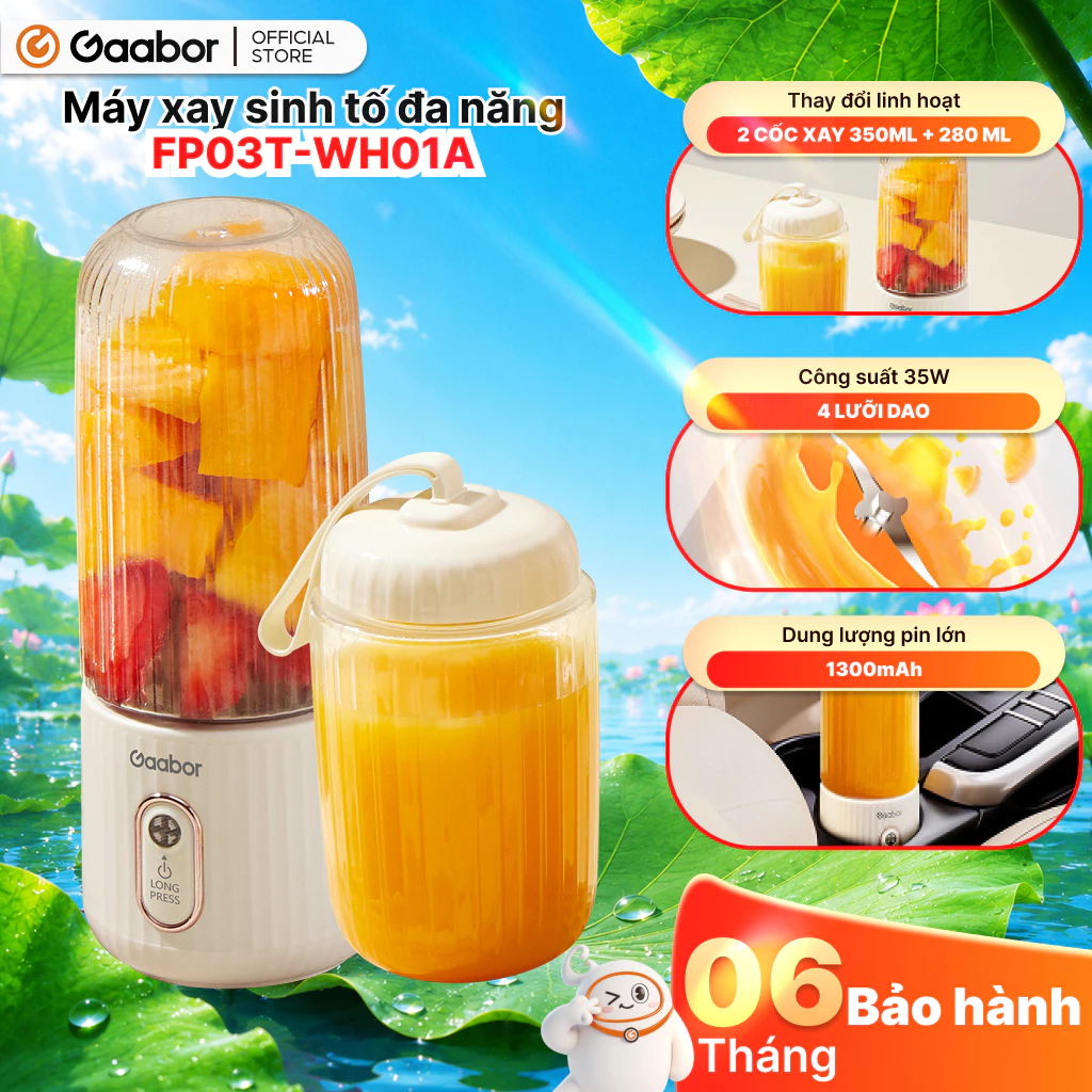 Gaabor Cốc xay sinh tố cầm tay FP03T-WH01A tích điện nhỏ gọn tiện lợi phù hợp mang đi làm đi chơi tập gym [L]