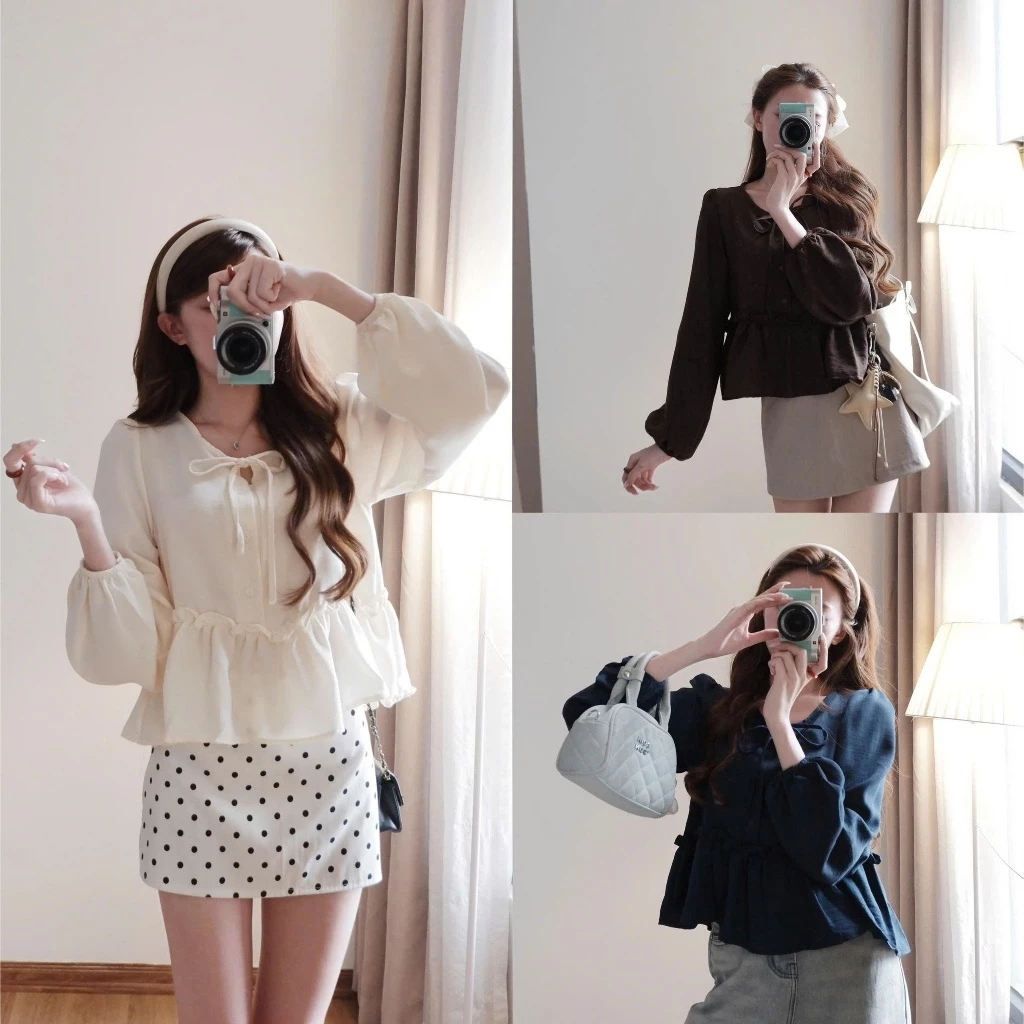 (Hàng Mới): Áo Babydoll Tay Bồng Dài Bo Chun Phối Bèo Đính Dây Nơ Buộc 6 Màu-ẢNh Thật Lollaye