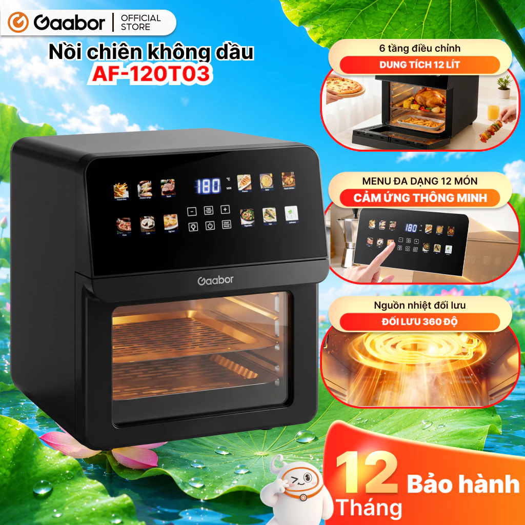 Nồi chiên không dầu cảm ứng 12L Gaabor AF-120T03 kiêm lò nướng màn hình màu 1700W cửa kính quan lớn