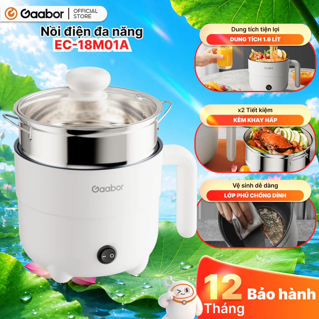 Gaabor Nồi điện Gaabor EC-18M01A mini 1.6L công suất 600W đa năng 2 tầng luộc chiên hấp tiện lợi