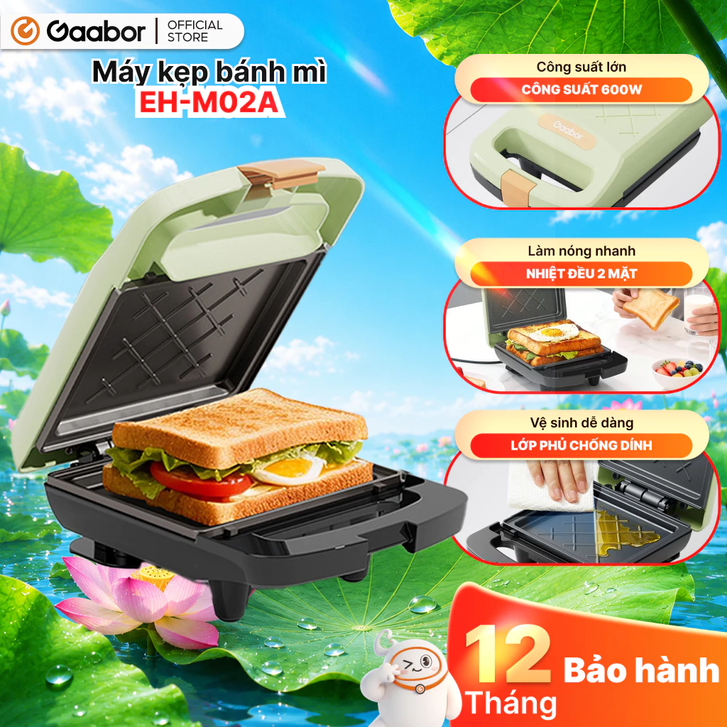 Máy kẹp sandwich Gaabor EH-M02A công suất 500W thiết kế chống dính nướng bánh mì, rán trứng