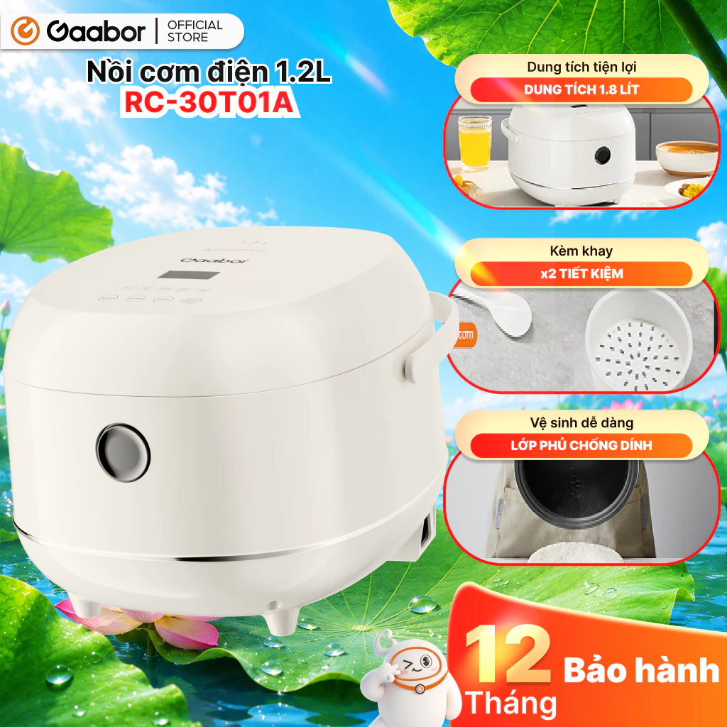 Gaabor Nồi cơm điện tử 1.2L RC-30T01A tích hợp 5 chế độ nấu thông minh giữ ấm có quai xách 2-4 người [L]