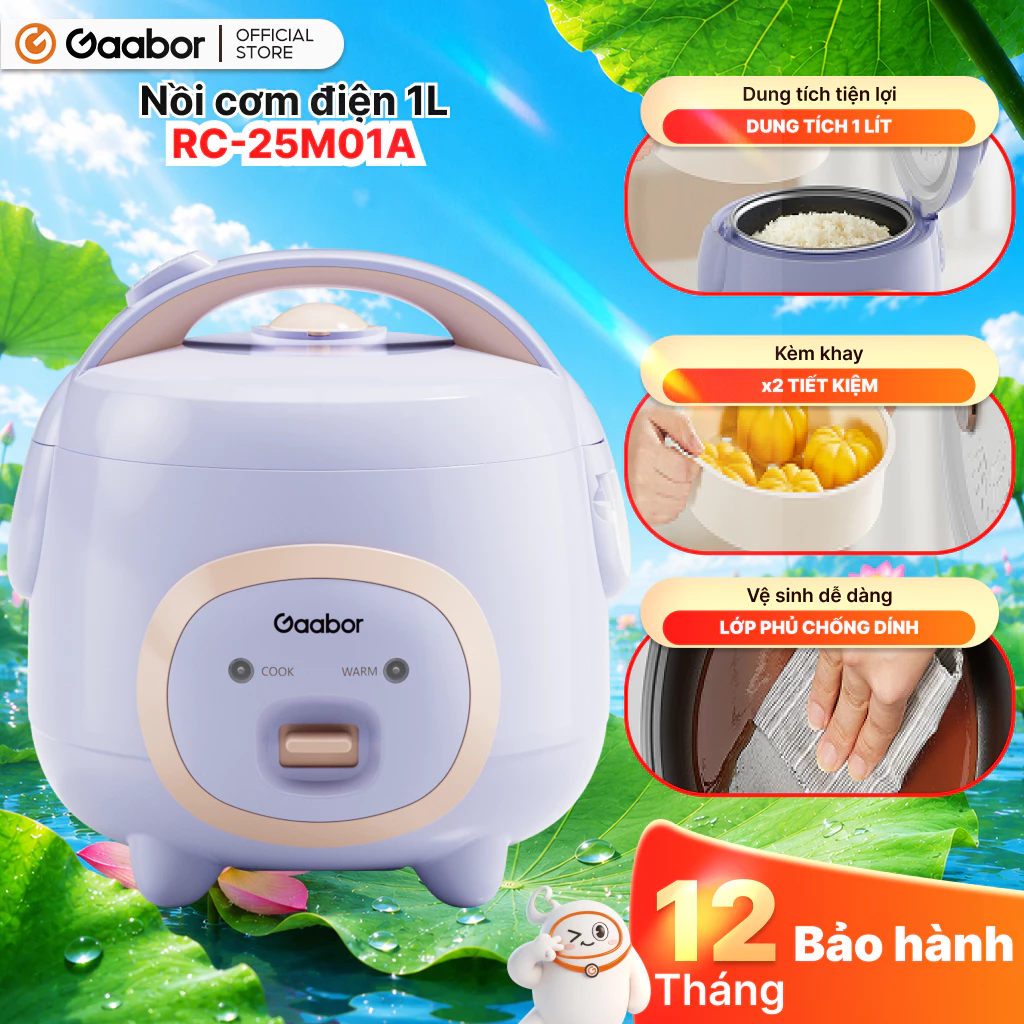 Nồi cơm điện mini 1L Gaabor RC-25M01A kèm xửng hấp tay cầm chống dính một nút sử dụng