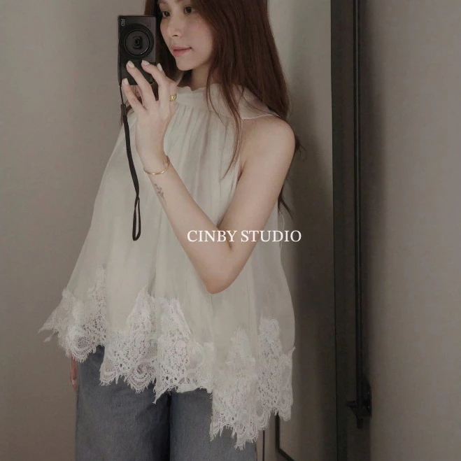 LYN- ÁO SÁT NÁCH REN HỒNG CỔ CAO BUỘC NƠ SAU CAO CẤP 37