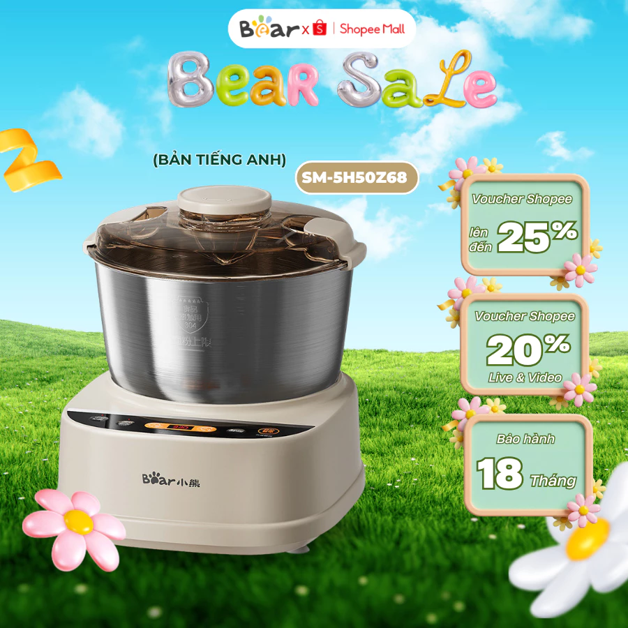 Máy Trộn Bột Đa Năng 5L Bear SM-5H50Z68, Nhồi Và Ủ Bột Tự Động, Làm Bánh Tại Nhà, Cối Inox304,BH 18T