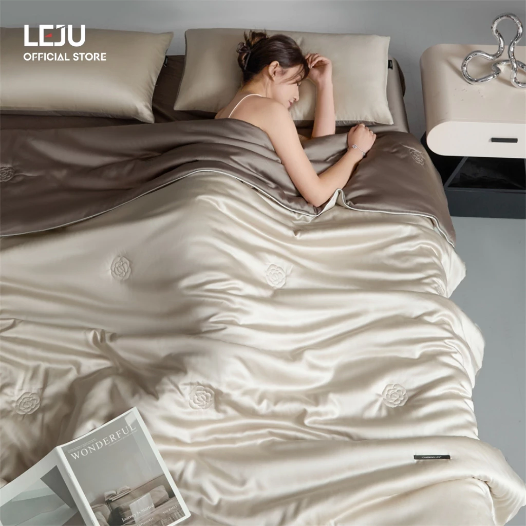 Chăn Ga Gối 4 Món Tencel 60S HOME LEJU Cao Cấp Set Ga Giường Bộ Drap Bo Chun Mùa Hè Mềm Mịn Sang Trọng