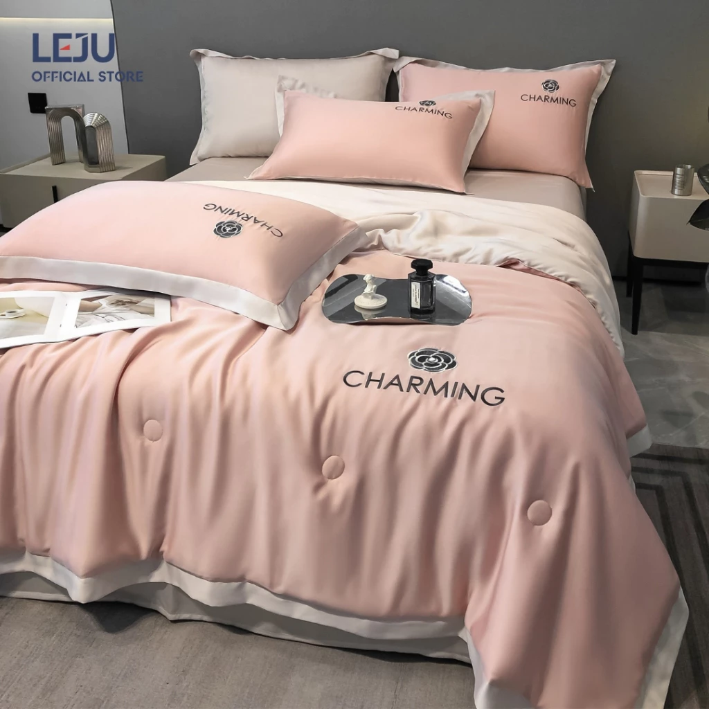 Bộ Chăn Ga Gối 4 Món Lụa Giặt Nước HOME LEJU Cao Cấp Mềm Mại Ga Giường Drap Bo Chun Vỏ Chăn Gối Sang