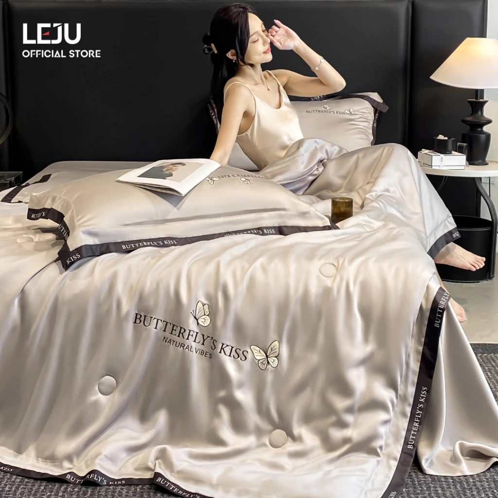 Bộ Chăn Ga Gối 4 Món LEJU Set Ga Trải Giường Mùa Hè Chăn Hè Trần Bông Lụa Giặt Nước Cao Cấp Drap Nệm