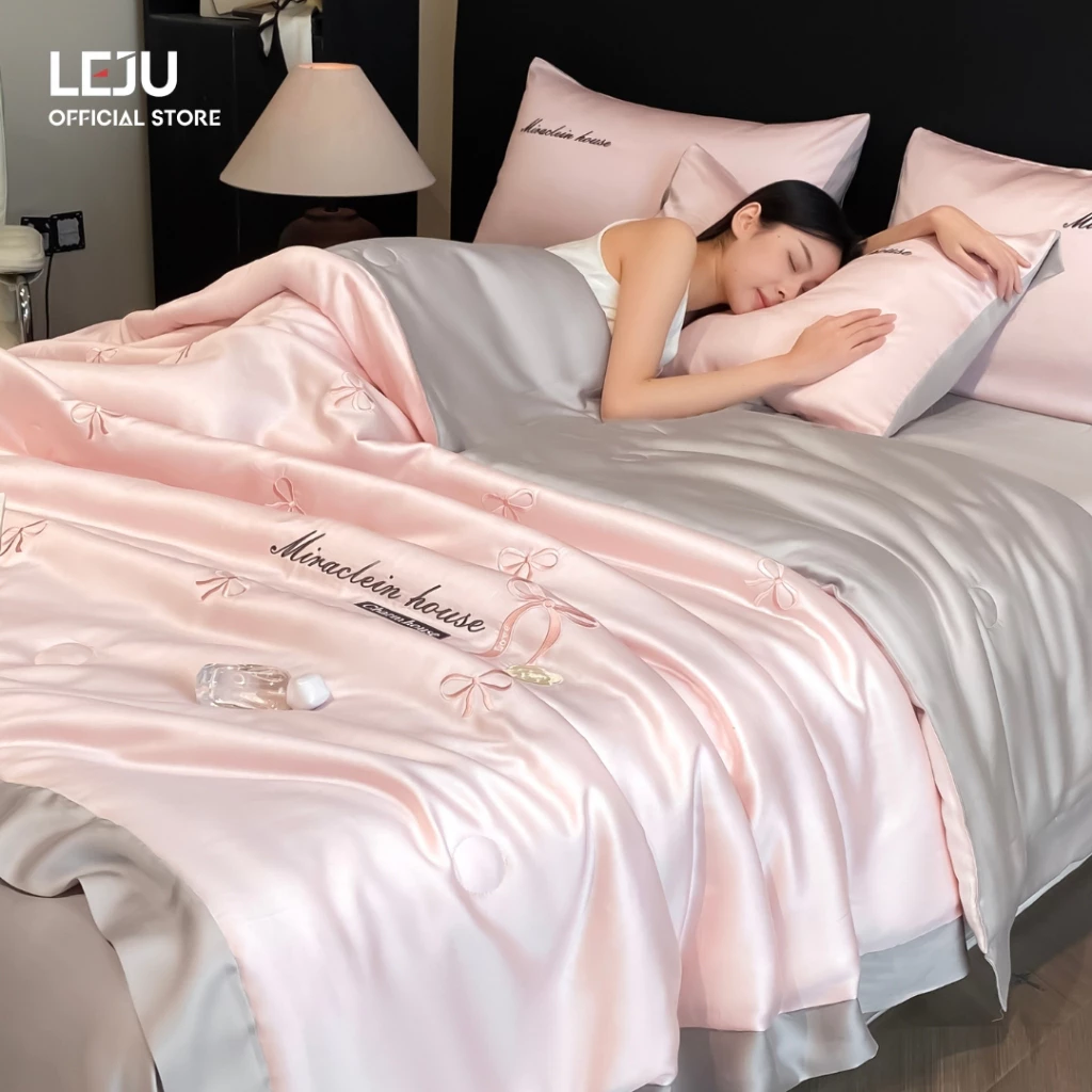 Set 4 Món Ga Trải Giường HOME LEJU Lụa Giặt Nước Mềm Mịn Bộ Chăn Ga Gối Cao Cấp Chăn Trần Bông Mùa Hè