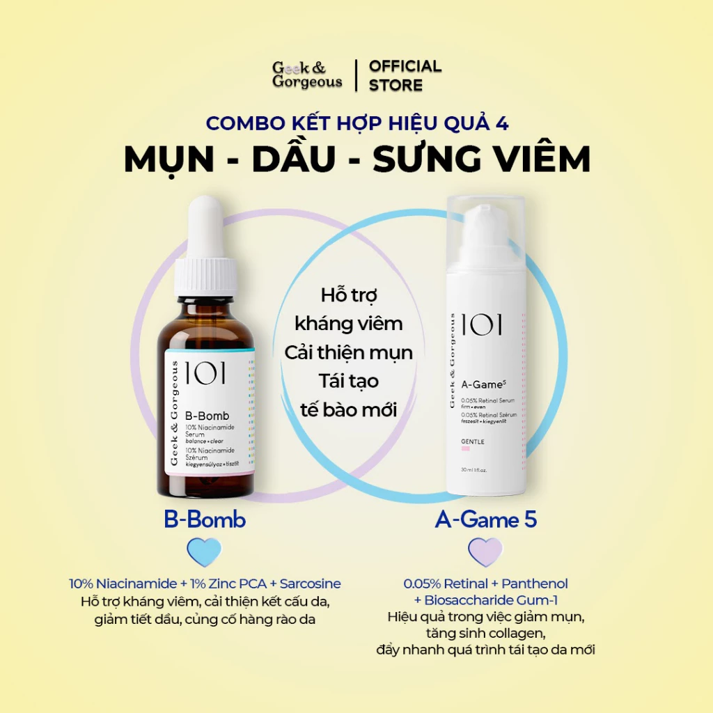 Bộ Đôi Tinh Chất Giảm Mụn Ngăn Cải Thiện Nền Da Khỏe Mạnh Geek&Gorgeous B-Bomb + A-Game 5 30ml+30ml