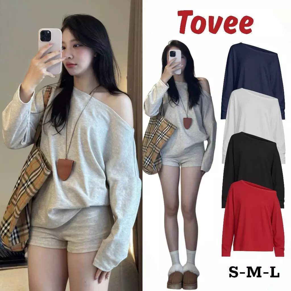 Áo Thun TAY DÀI LỆCH VAI SWEATER Chất Cotton DD154, Áo Thun Trơn Form Rộng Kiểu Hàn Quốc Dáng Dài TOVEE
