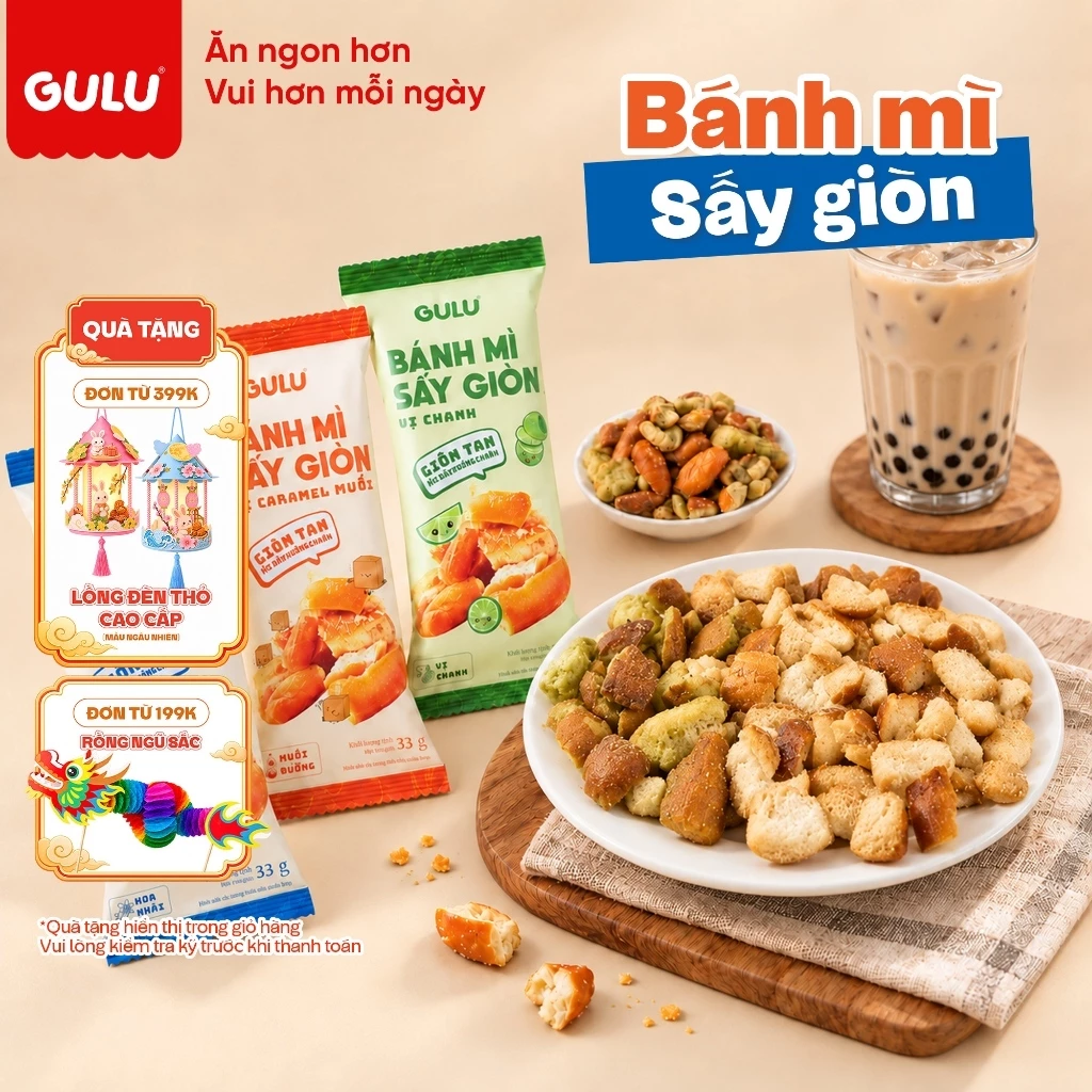 [Deal Mở Bán] Bánh Mì Sấy Giòn GULU Vị Caramel Muối, Vị Chanh, Vị Hoa Nhài Không Chiên Dầu Hộp 15 gói