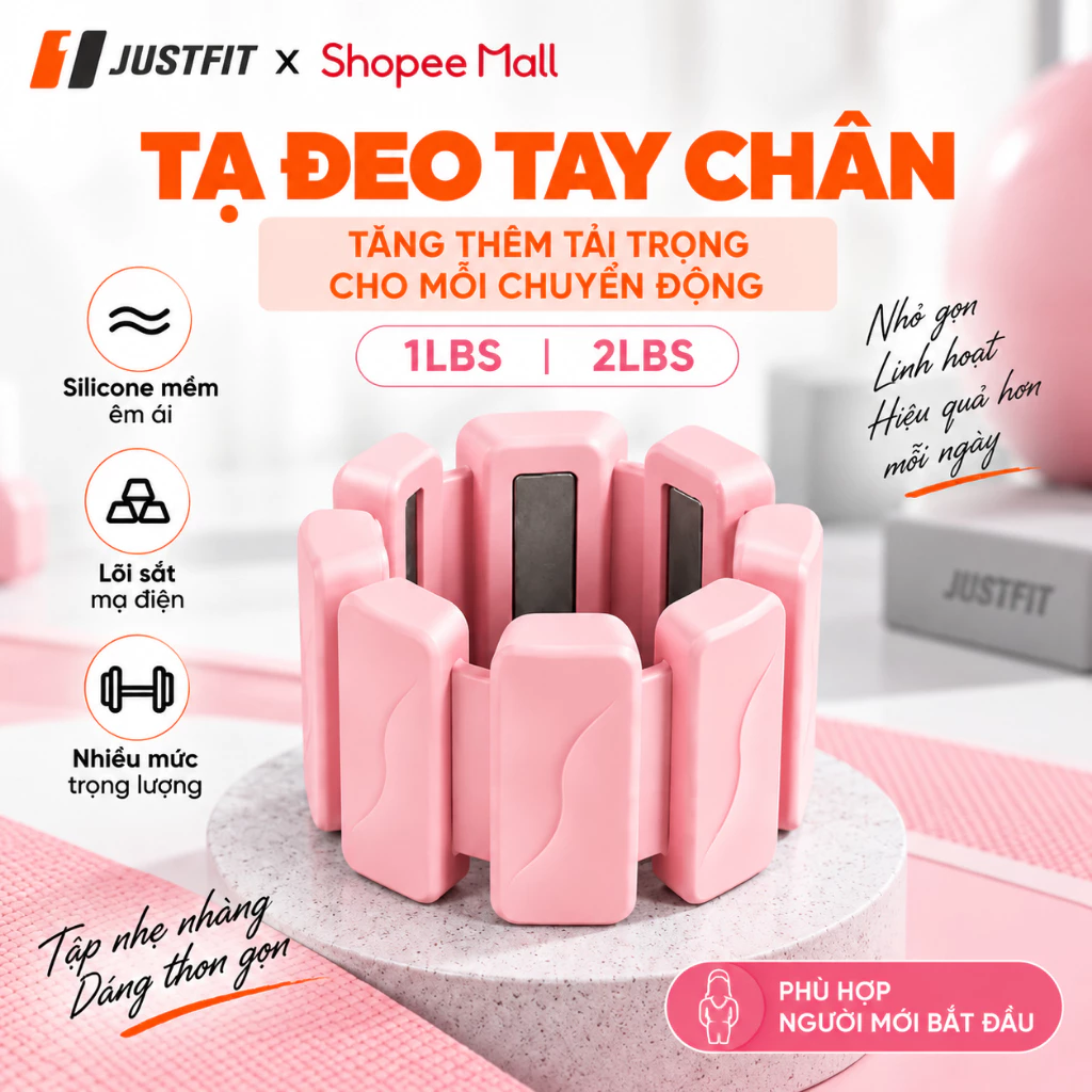 Tạ Đeo Cổ Tay Cổ Chân JUSTFIT Silicone Lõi Sắt, Tạ Tập Gym Fitness 1LBS 2LBS Màu Hồng Điều Chỉnh Linh Hoạt