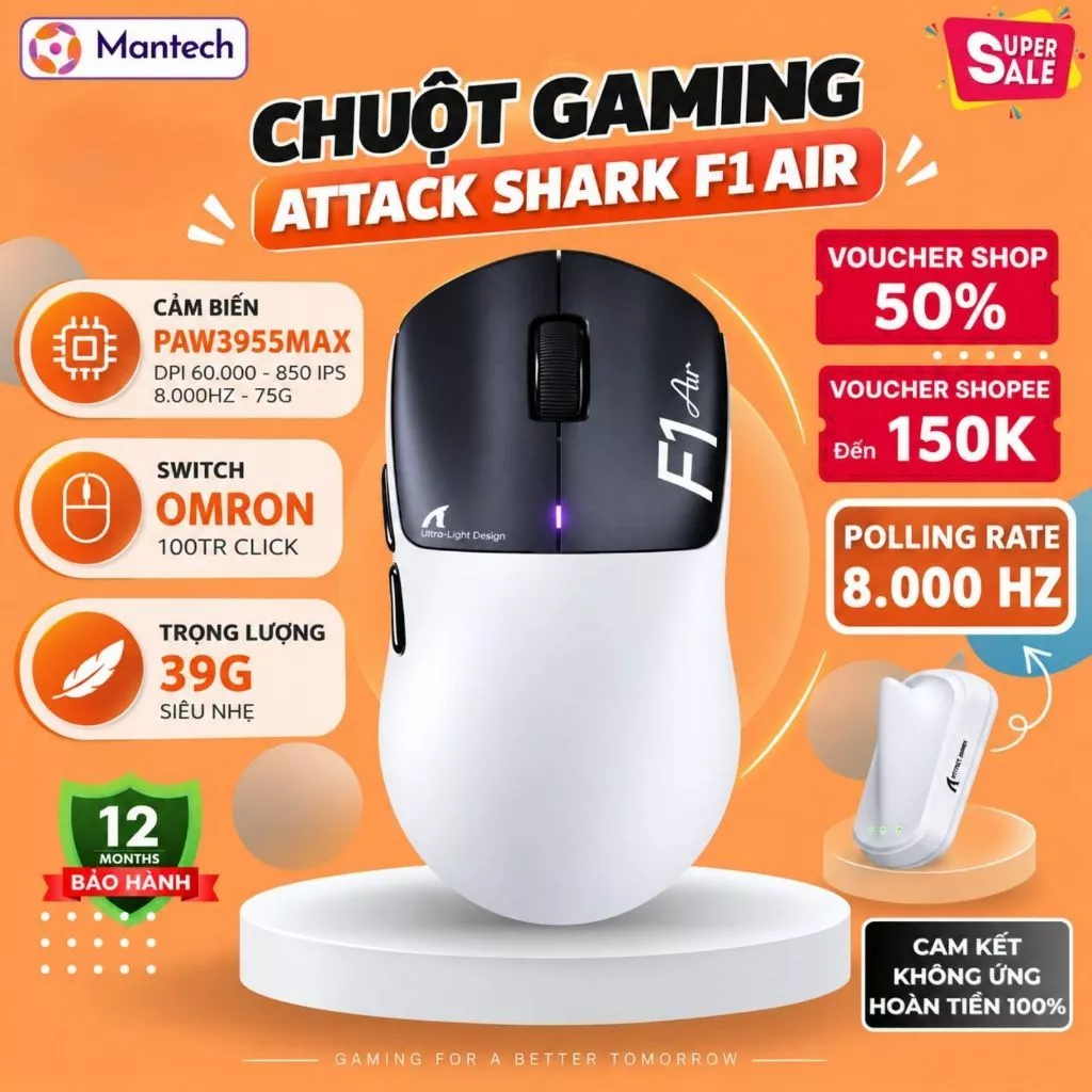 Chuột Gaming Không Dây Attack Shark F1 Air - PAW3955MAX, 39G, 60000 DPI, 8KHz, Nordic 54L15