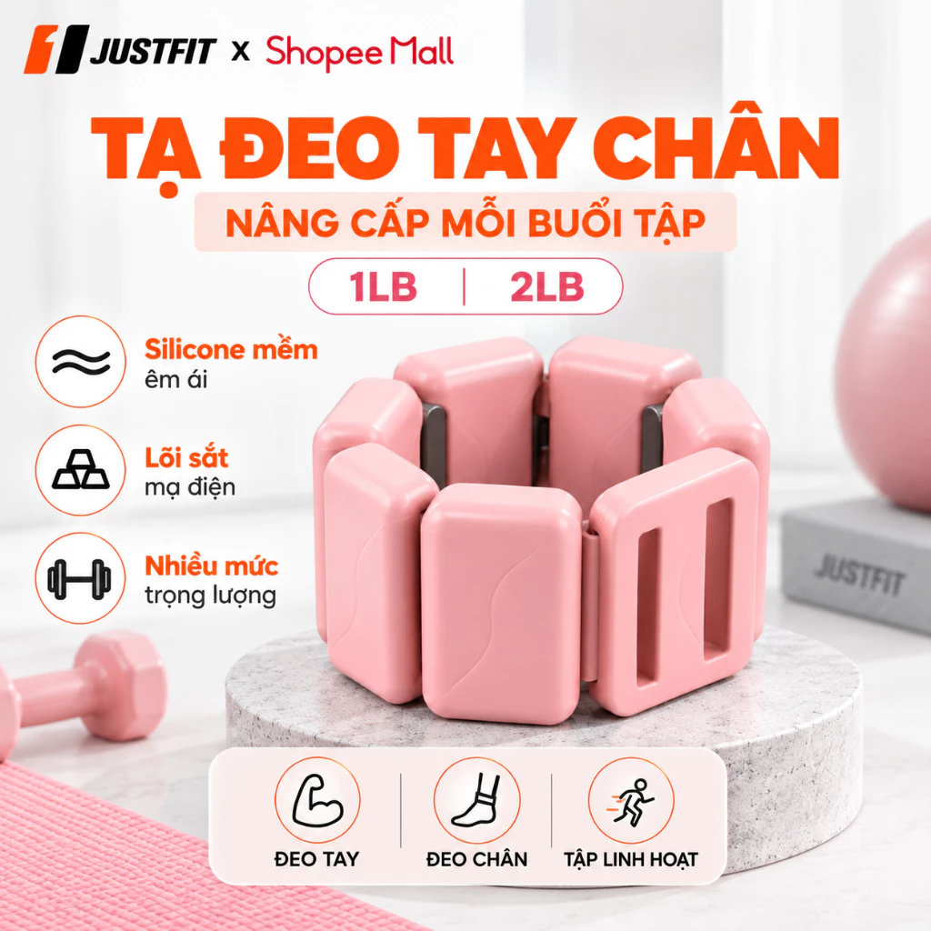 Tạ Tập Gym Đeo Cổ Tay Cổ Chân JUSTFIT 1LB 2LB, Tạ Silicone Lõi Sắt Màu Hồng Điều Chỉnh Linh Hoạt