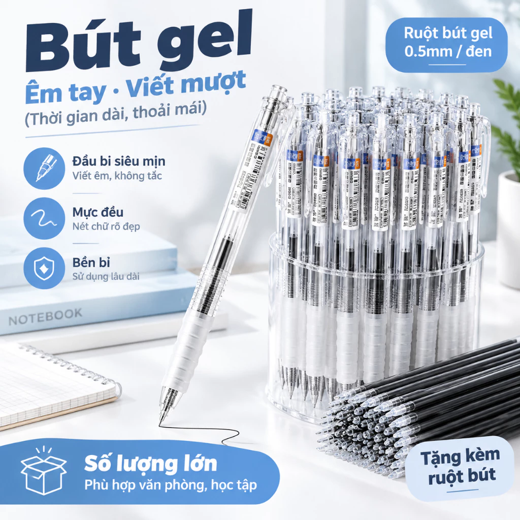 【Bộ 5 Bút + 20 Ruột】Bút Bi 0.5mm Tay Cầm Mềm - Viết Mượt, Thay Ruột Dễ Dàng - Phù hợp Học Sinh & Văn Phòng