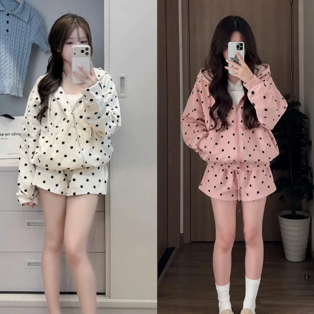 (Set 2 Món): Áo Khoác Mũ Dáng Thụng Mix Quần Sooc Hoạ Tiết Chấm Bi Chất Liệu Thun Mì 2 Màu-Ảnh Thật Lollaye