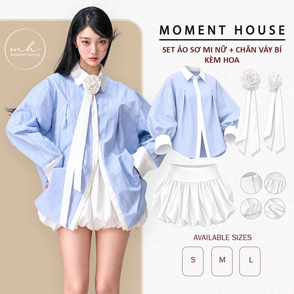 SET ÁO SƠ MI NỮ + CHÂN VÁY BÍ - KÈM HOA RIÊNG | chất kate lụa, size SML ( có bán lẻ )