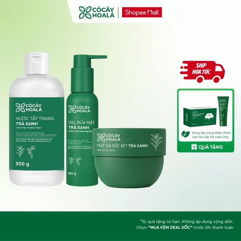 [SẢN PHẨM MỚI] Bộ Skincare Trà Xanh Nước Tẩy Trang, Sữa Rửa Mặt, Mặt Nạ Đất Sét Giúp Làm Sạch Sâu Cho Mọi Loại Da