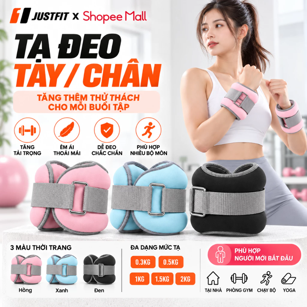 Tạ Đeo Tay Đeo Chân JUSTFIT Tăng Trọng Lượng Tập Gym, Chạy Bộ, Yoga, Aerobic 0.3KG–2KG Có Thể Điều Chỉnh