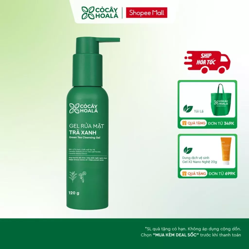 [SẢN PHẨM MỚI] Gel Rửa Mặt Trà Xanh Cỏ Cây Hoa Lá 120g Tặng Kèm Túi Vải