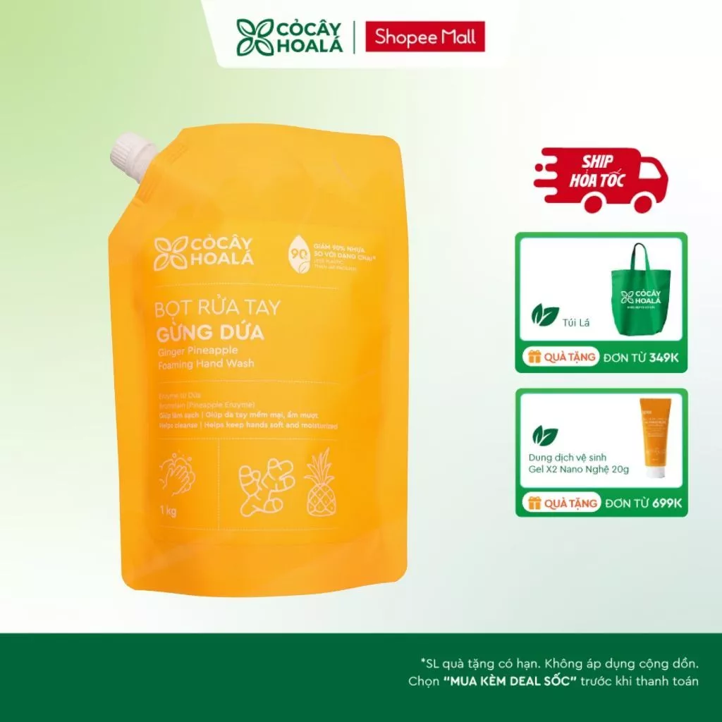 [HỎA TỐC] Bọt Rửa Tay Gừng Dứa 1kg Cỏ Cây Hoa Lá, dịu nhẹ, bảo vệ da tay nhạy cảm