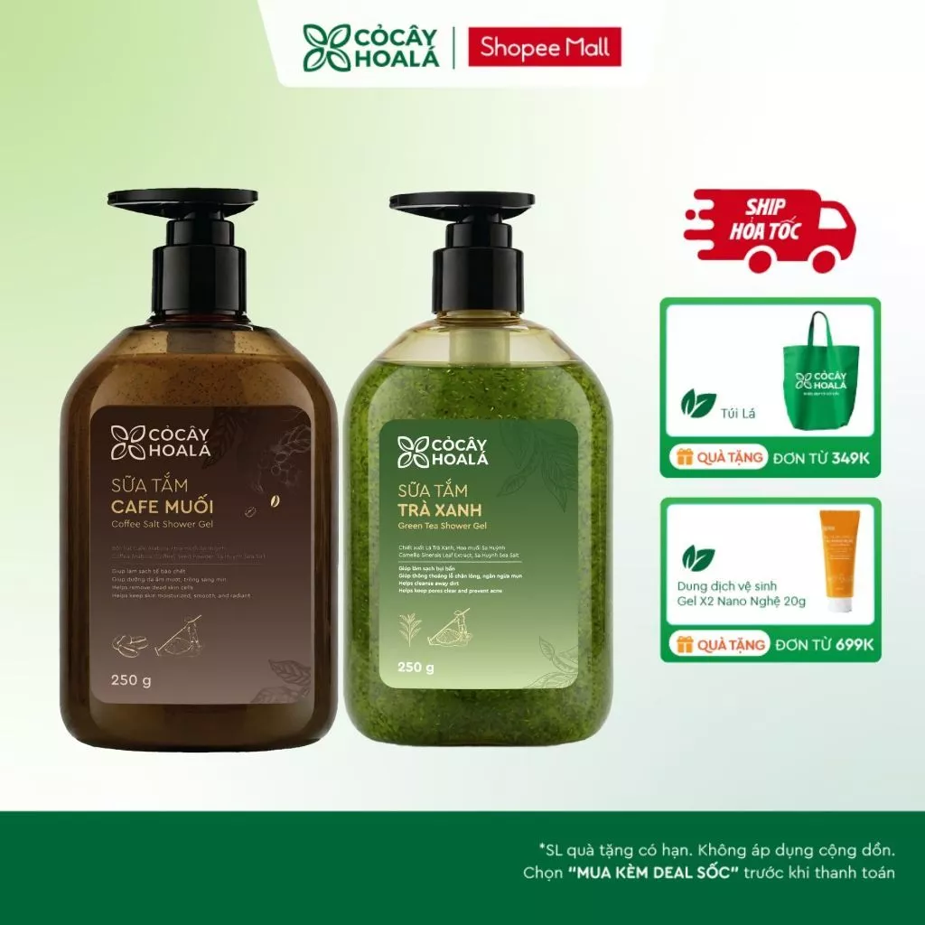 [SẢN PHẨM MỚI] COMBO Sữa Tắm Cà Phê Muối Và Trà Xanh Cỏ Cây Hoa Lá 250g