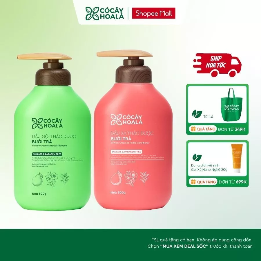 [HỎA TỐC] Combo Dầu Gội Xả Thảo Dược Cỏ Cây Hoa Lá Bưởi Trà Phục Hồi Tóc Hư Tổn 500g