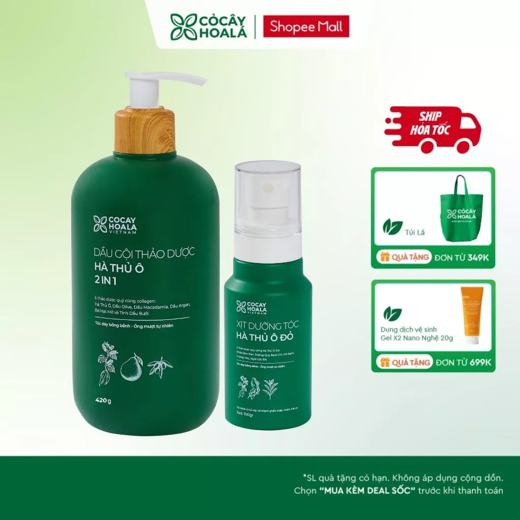 [HỎA TỐC] COMBO Dầu Gội Thảo Dược Cỏ Cây Hoa Lá Hà Thủ Ô 2in1 420g & Xịt Tóc Hà Thủ Ô Giúp Tóc Trông Dày, Bồng Bềnh