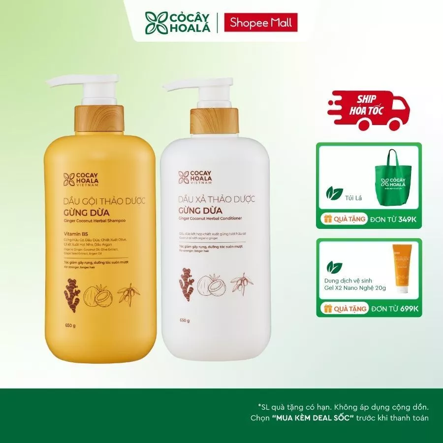 [HỎA TỐC] COMBO Dầu Gội Và Dầu Xả Thảo Dược Gừng Dừa Cỏ Cây Hoa Lá Dưỡng Tóc Suôn Mượt 650g