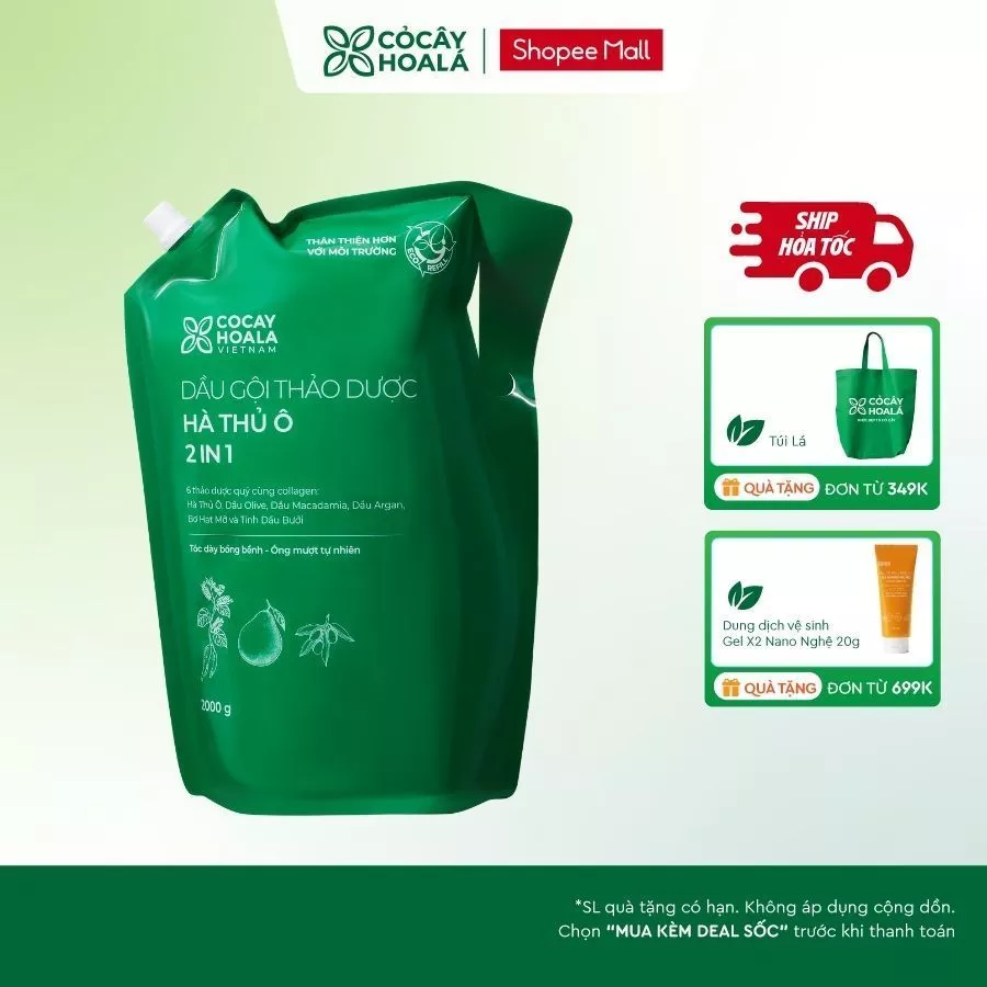 [HỎA TỐC] Dầu Gội Thảo Dược Cỏ Cây Hoa Lá Hà Thủ Ô 2in1 Giúp Giảm Gãy Rụng, Dưỡng Tóc Đen Mượt Túi Refill 2000g
