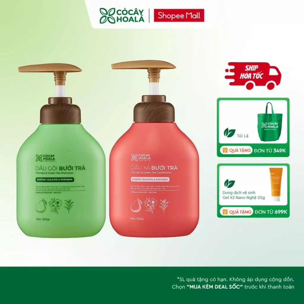 [HỎA TỐC] Combo Dầu Gội Xả Thảo Dược Cỏ Cây Hoa Lá Bưởi Trà Phục Hồi Tóc Hư Tổn 350g