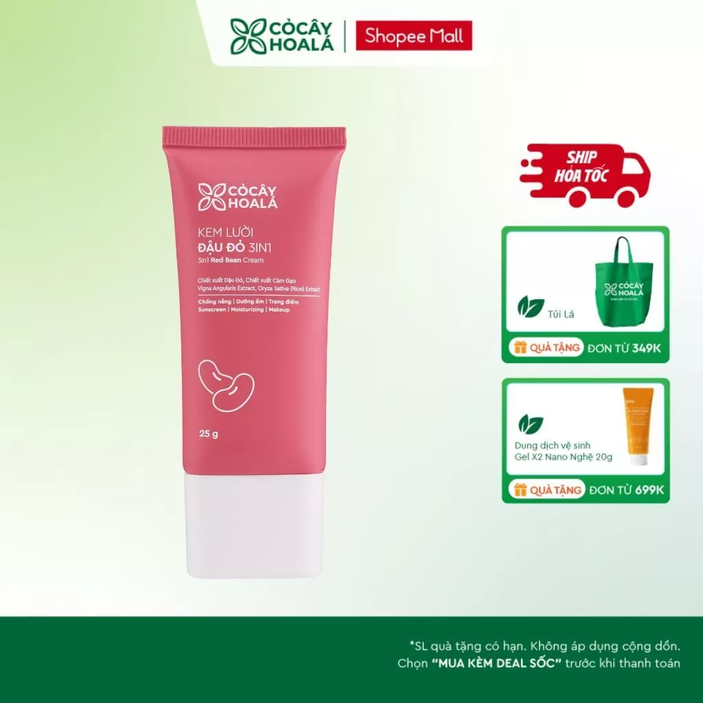 [HỎA TỐC] [KOL LIVE] Kem Lười Đậu Đỏ 3in1 Cỏ Cây Hoa Lá 25g Chống nắng, Dưỡng sáng, Kem Nền Trang Điểm, Dịu Mát Da