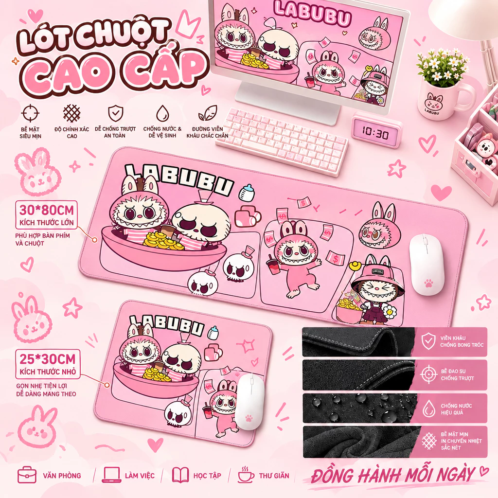 Tấm lót chuột bàn phím Labubu hoạt hình dễ thương, tấm lót chuột cỡ lớn, thiết kế đáng yêu, chống trượt