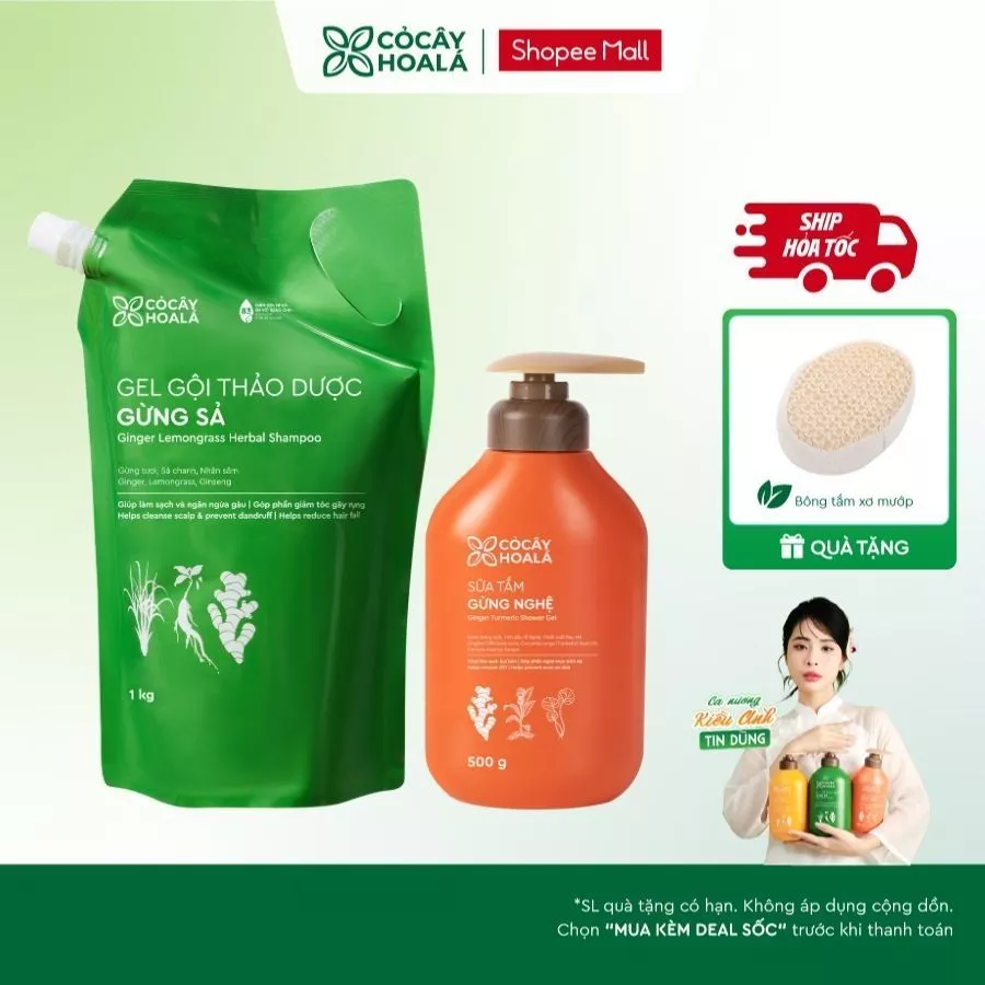 [HỎA TỐC] COMBO Dầu Gội Đầu Gừng Sả 1000G & Sữa Tắm Gừng Nghệ 500G Cỏ Cây Hoa Lá