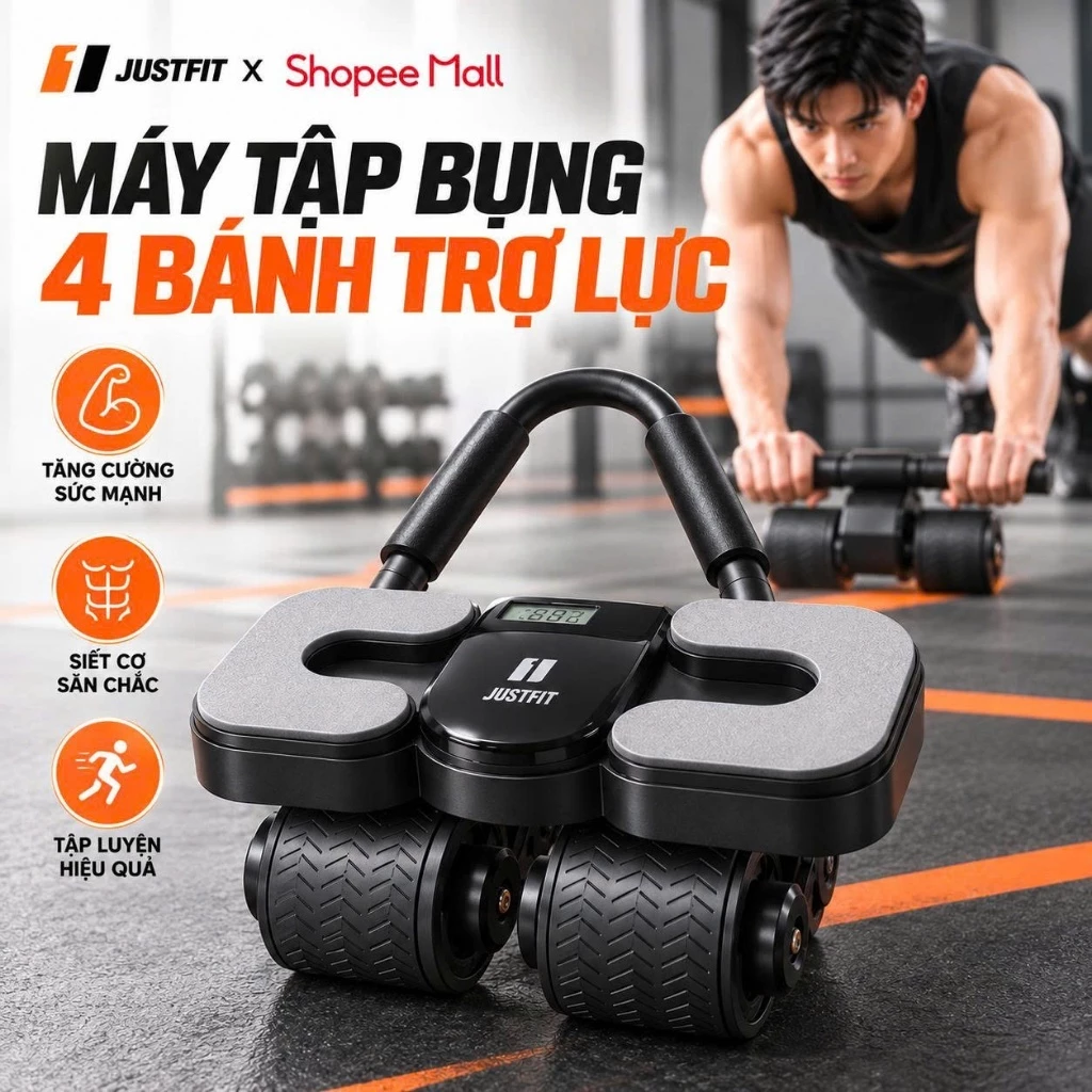 Máy Tập Bụng 4 Bánh Trợ Lực JUSTFIT Có Màn Hình LCD, Con Lăn Tập Cơ Bụng Core, Tay Cầm Chữ U, Tập Tại Nhà