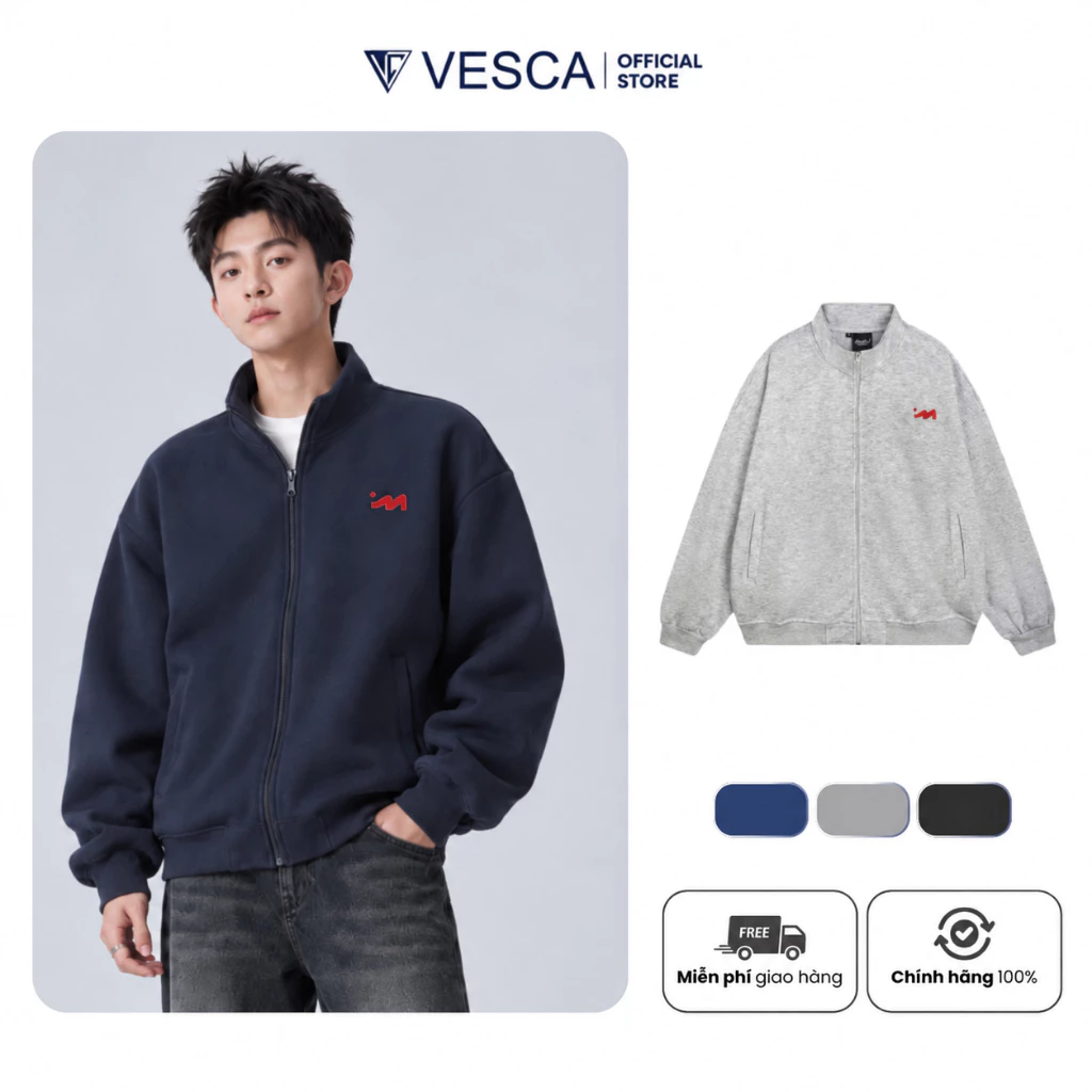 Áo khoác nỉ cotton cao cấp nam nữ unisex form rộng cổ trụ thêu cờ Việt Nam chất nỉ da unisex Vesca M45