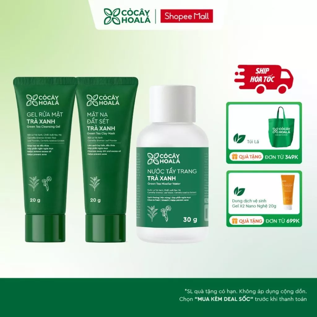 [SẢN PHẨM MỚI] Bộ Skincare MINI Trà Xanh Nước Tẩy Trang, Sữa Rửa Mặt, Mặt Nạ Đất Sét Giúp Làm Sạch Sâu Cho Mọi Loại Da