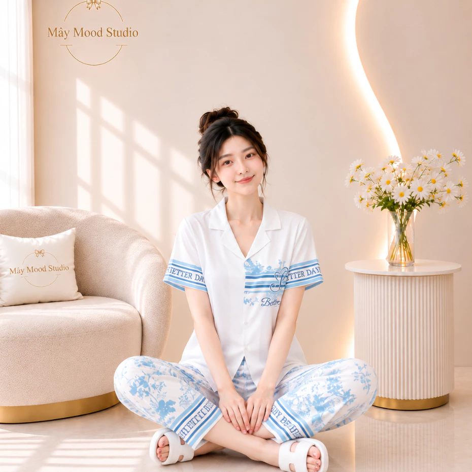 Đồ Bộ Nữ Pyjama Lụa Cát Tay Ngắn Quần Dài Cổ Bẻ Họa Tiết Hoa Xanh – Mây Mood Studio
