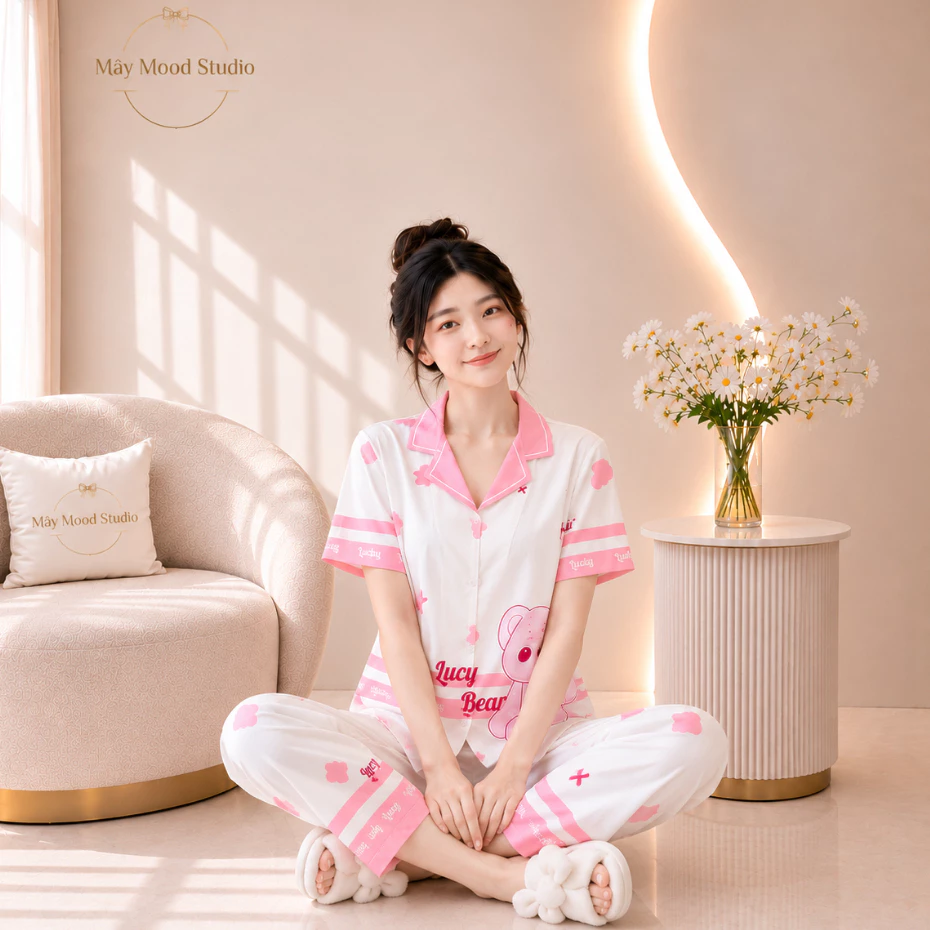 Bộ Đồ Ngủ Pyjama Nữ Lucy Bear Dài Tay Màu Trắng Phối Hồng Cute Mềm Mịn Mặc Nhà