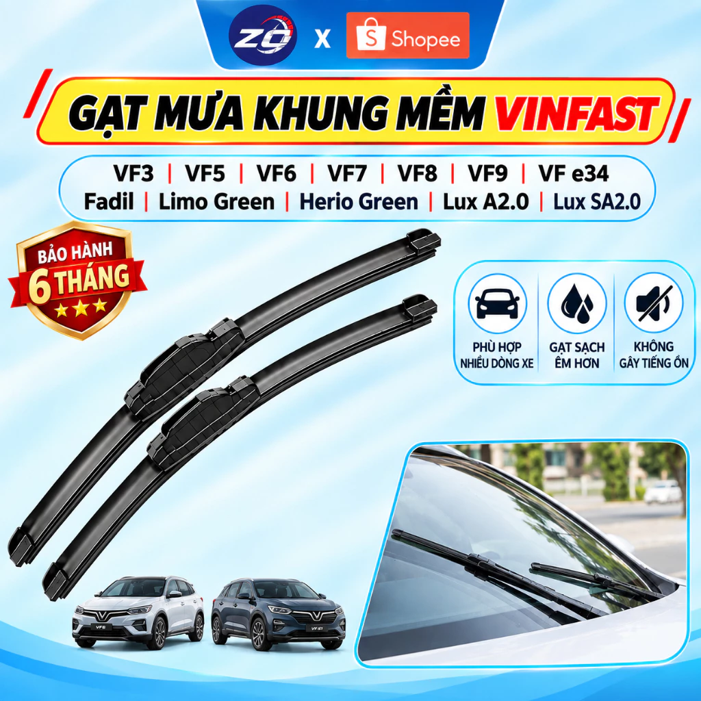 Gạt Mưa Xe Điện VinFast VF3, VF5, VF6, VF7, VF8, VF9, Fadil, Limo khung mềm lưỡi silicon cao cấp gạt sạch gạt êm A8