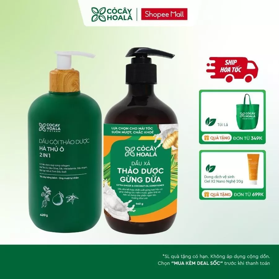 [HỎA TỐC] Combo Dầu Gội Hà Thủ Ô 2in1 420G & Dầu Xả Gừng Dừa 440G Cỏ Cây Hoa Lá Giúp Giảm Gãy Rụng, Dưỡng Tóc