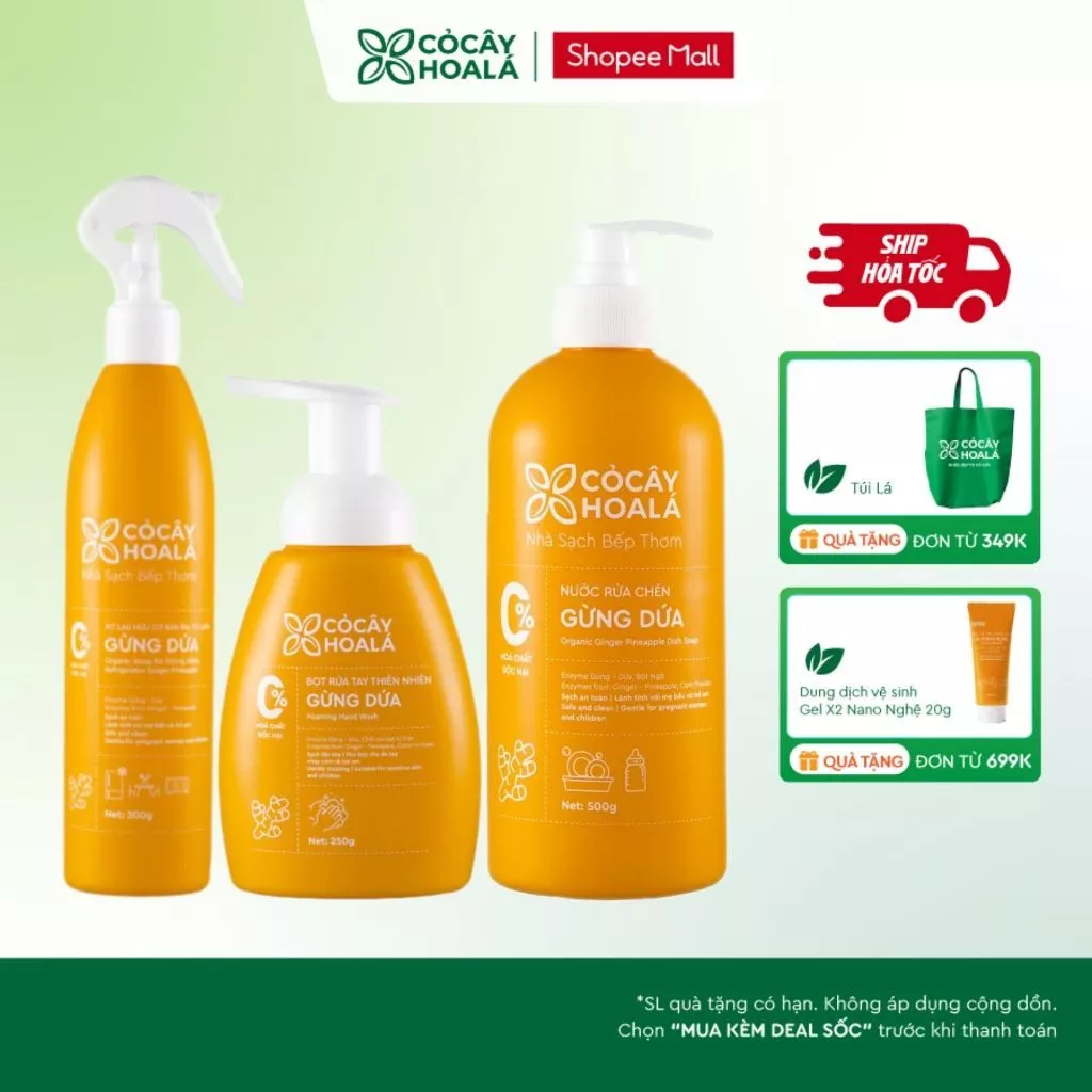 [HỎA TỐC] [COMBO NHÀ SẠCH BẾP THƠM] Bọt rửa tay 250g,Nước rửa chén 500g,Xịt lau Gừng dứa 300g Cocayhoala