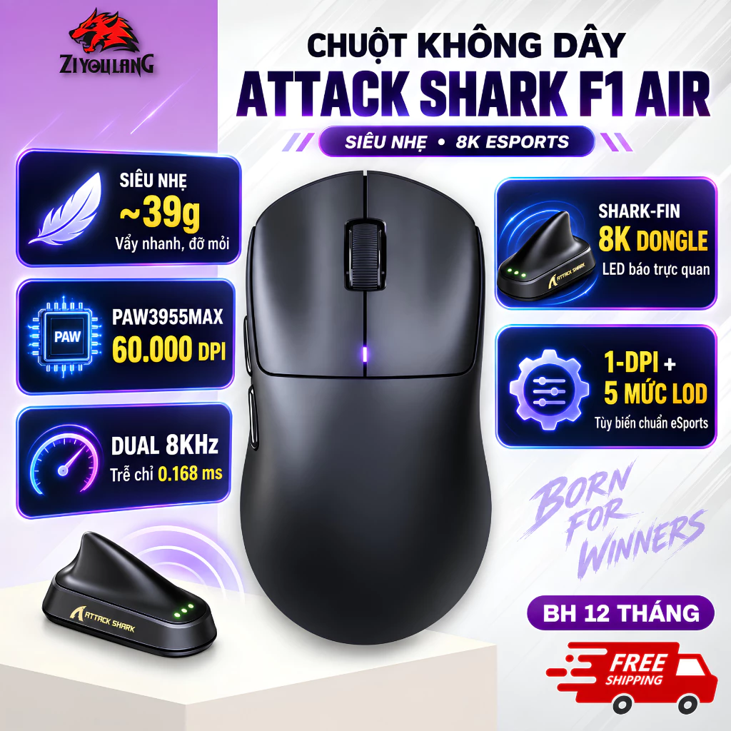 Chuột Gaming Không Dây Attack Shark F1 Air - PAW3955MAX, 39g Siêu Nhẹ, Polling Rate 8KHz, 60.000 DPI